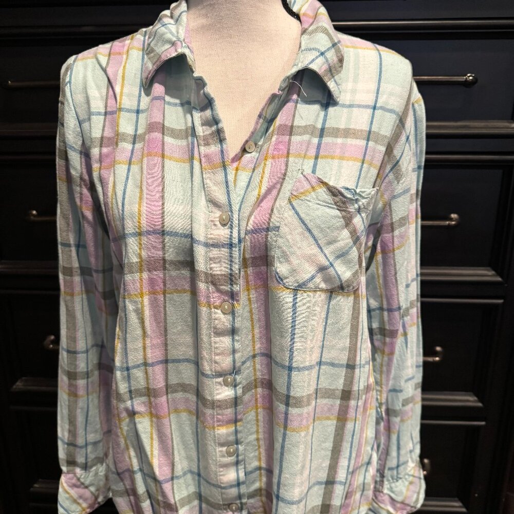 Candace Cameron Mint Plaid Linen Blend Button Up LS MP Med Petite EUC!
